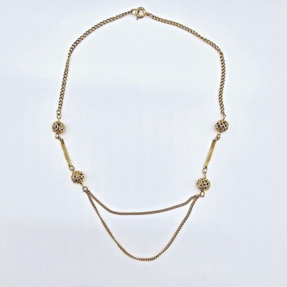 Draping Station Necklace Vintage Gold Tone Bead Dainty Feminine Jewelry - Picture 4 of 8
